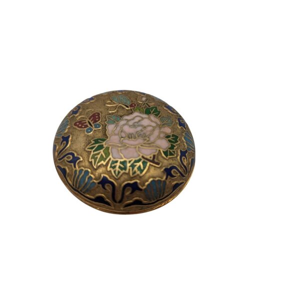 3" Vtg Chinese cloisonne enamel-on-gilt-brass round Trinket Box W Lid Flowers Bu - Picture 2 of 10
